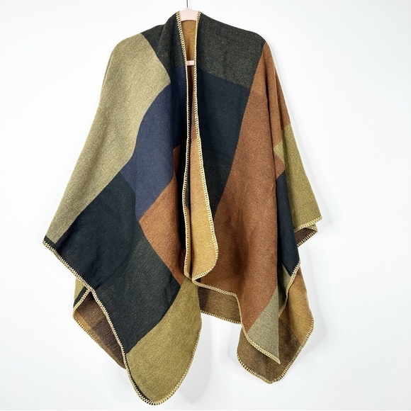 2/$30 NEW Boho Colorblock Earth Tones Ruana Oversized Open Wrap Poncho Blanket - Picture 9 of 11